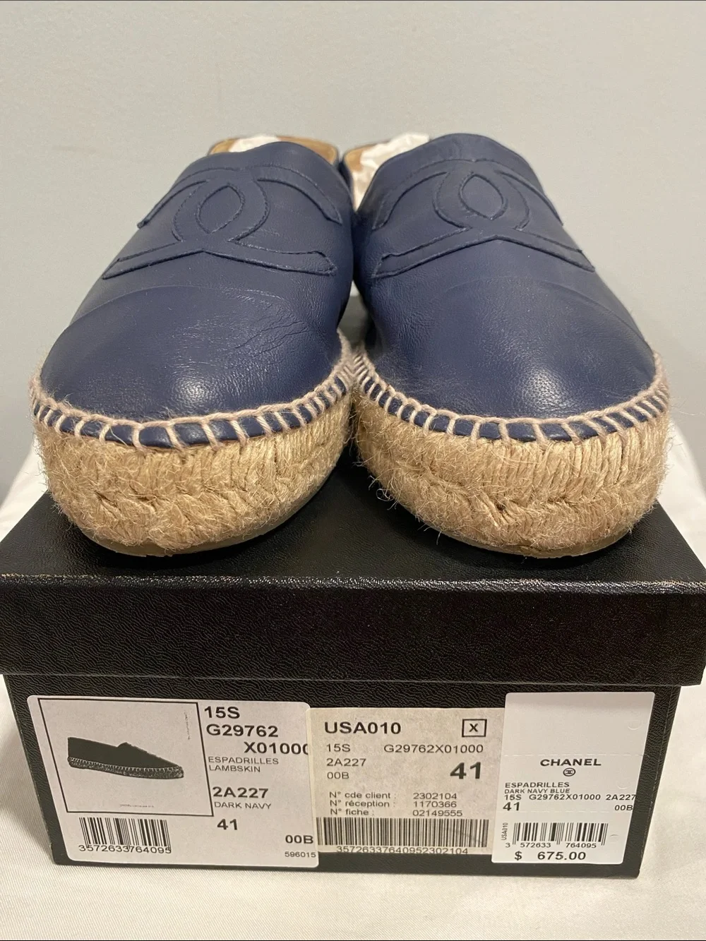 CHANEL Navy Leather Espadrille Loafers with Jute Sole